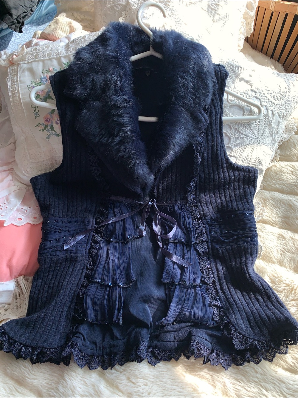 Y2K fluffy soft navy blue real fur sleeveless wrap sweater vest top S M